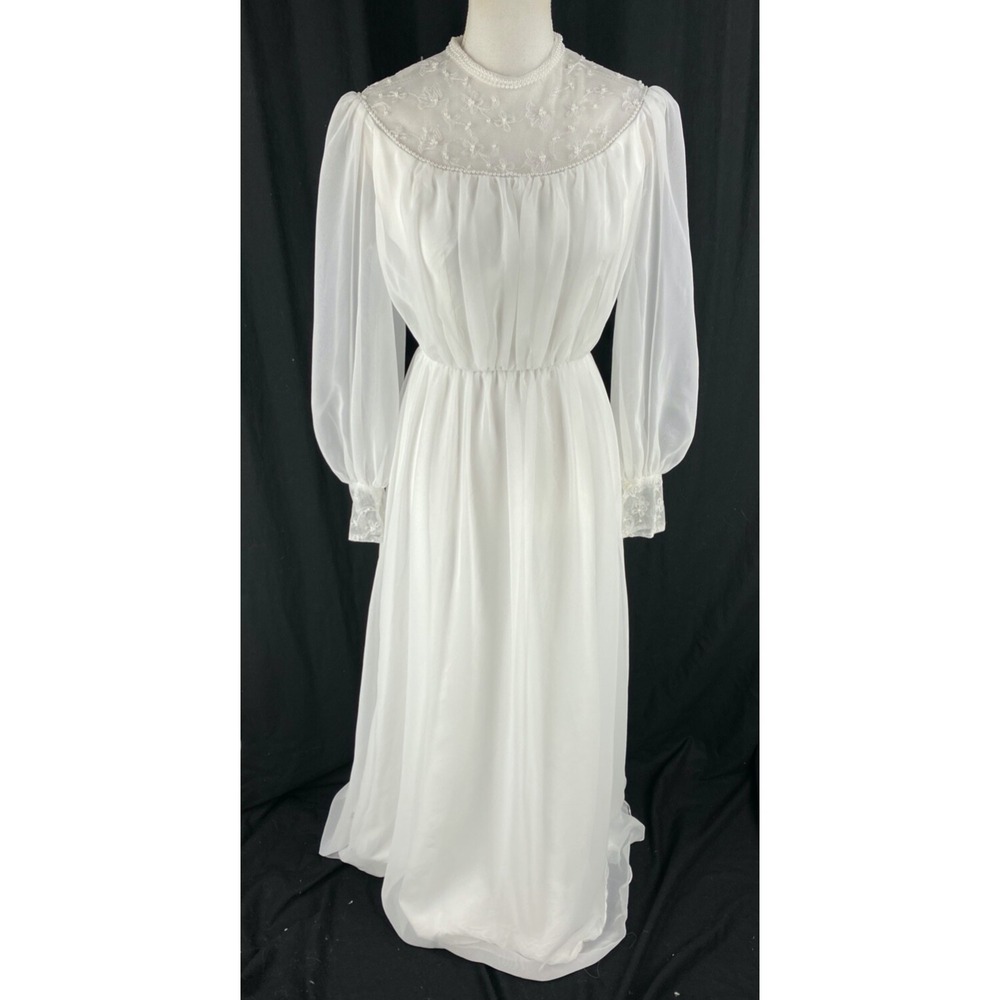 Alessandro Bridals Vtg 60s Union Wedding Dress Beaded Lace Boho Hippie Chiffon